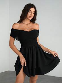 SHEIN Tall 女士黑色纯色单肩交叉领腰部 A 形下摆迷你连衣裙时尚优雅 Y2K 适合约会、外出和夏季旅行 - 黑色 - 查看 5