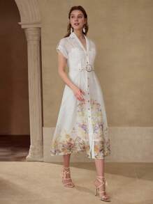 MOTF PREMIUM VESTIDO ESTAMPADO DE FLORES CON CINTURÓN - Blanco - Ver 4
