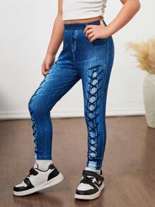 SHEIN Young Girl Knit Skinny Leggings - Blue - View 6
