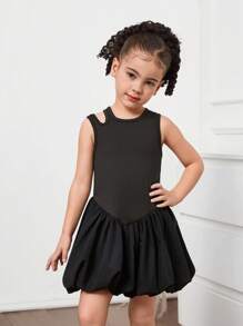 Young Girl Solid Color Knitted Round Neck Hollow-Out Woven Skirt Hem Fitted Dress - Black - View 4