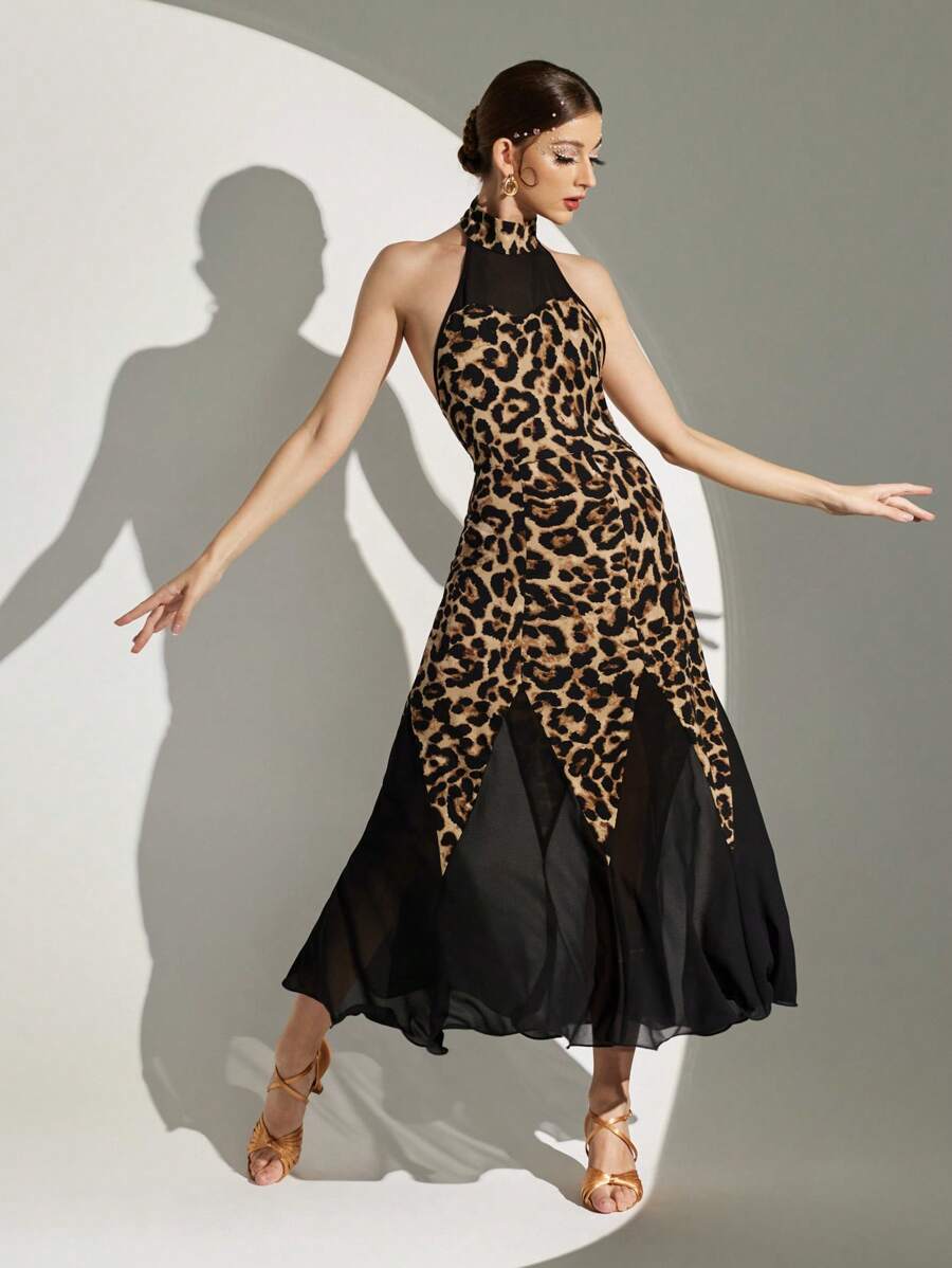 Dansine Latin Dancewear Leopard Print Sleeveless Long Chiffon Patchwork Backless Sexy Dancewear Dress For Women