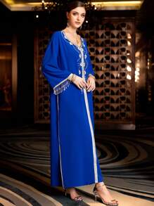 Al Najma Handmade Navy Blue Beaded Dress Kaftan Jalabiya Dress - Royal Blue - View 5
