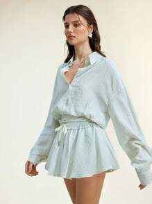 Arave Bộ đồ 2 món cho nữ Áo sơ mi kẻ sọc rộng rãi và chân váy Bộ đồ 2 món Áo crop top và chân váy ngắn, Xuân/Hè - Nhiều màu - Xem 3