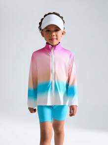 SHEIN Outfit für Kleine Mädchen mit buntem Farbverlaufsdruck, Langarm-Dünnstrick-Jacke mit Reißverschluss + Leggings mit dehnbarem Taillenbund, weich, bequem, elastisch, geeignet für Frühling/Sommer, Lässig, Sport, Outdoor