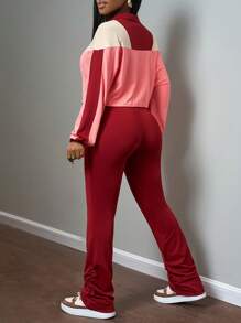 Slaydiva Red Two Pieces Pants Set For Women: Casual Chic Cropped Zip Jacket And Ruched Flare Pants - Burgundy - View 2