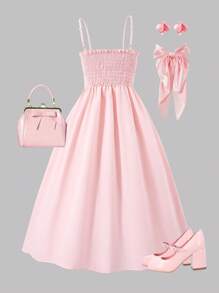 Sparklyn Holiday,Summer,TravelTeen Girls Elegant Lovely Bow Sleeveless Slip Dress, Waist Cinched Cute Dress In Pink, Suitable For Summer And Spring Wear, Suitable For Parties And Vacations Youth Girl Dress Young Girl Party Dress - Pink - View 2
