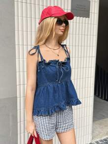 Forever 21 Women Blue Retro Cute Casual Vacation Strap Strap Denim Vest - Blue - View 7