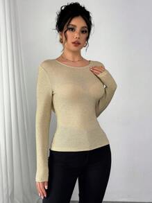 Chiquease Fashionable Sexy Backless Glitter Long Sleeve Fitted T-Shirt Fall Cloth For Women - Apricot - View 5