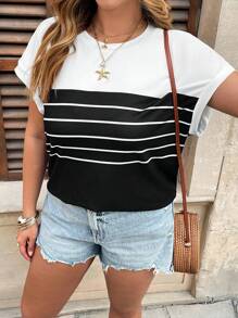 Franclia Plus Size Simple Black & White Striped Short Sleeve T-Shirt, Spring & Summer