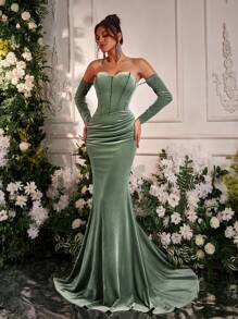 Glamrae 优雅天鹅绒露肩露肩长袖连衣裙，腰部褶皱和鱼尾下摆，婚礼宾客礼服，适合所有正式场合和宴会，派对礼服，晚礼服