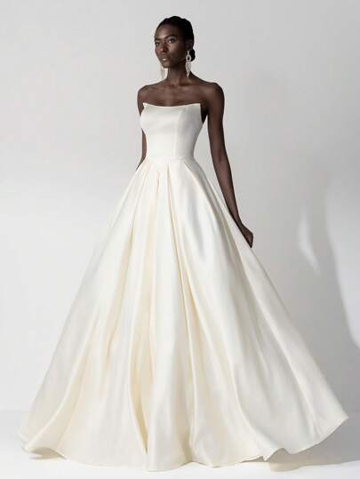 SHEIN Belle Đầm maxi satin thanh lịch, lãng mạn không dây vai dành cho nữ, có dây buộc chéo phía sau điều chỉnh được, thích hợp cho khách dự đám cưới, tiệc tùng, bữa tối trang trọng hoặc hẹn hò, đầm dạ hội, đầm dự tiệc, cho ngày Valentine.
