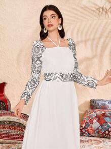 Al Najma Embroidered Halter Neck Women's Arabic Style Dress, Arabian Dresses - White - View 3
