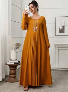 Yasmyna 刺绣彩色土耳其和阿拉伯风格女士长款束腰连衣裙，女士休闲连衣裙，端庄的卡夫坦