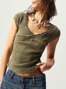 Bohemela BOHO Casual Solid Color V-Neck Short Sleeve Fitted Women T-Shirt - Army Green - View 3