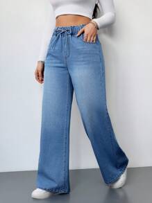 SHEIN Tall Women's Jeans Casual High Waist Wide Leg Trousers Blue Women's Jeans Women's Summer Clothing Elastic Waistband Jeans Jeans Casual Loose Straight Pants Tall Pants Women  Tall Women - Light Wash - View 5