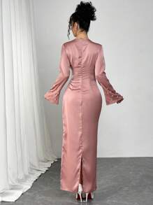Modelyn 法式长袖斜V领修身中长连衣裙 - 藕粉色 - 查看 2