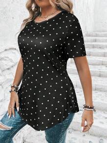SHEIN Clasi Plus Size Elegant Dotted T-Shirt, Minimalist Fashion Casual Everyday Wear, Summer Outfits For Women, Summer Outfits For Women, Tops Summer, T Shirts Women, T Shirts Ladies, Black Top, Polka Dot, Women - Black and White - View 7