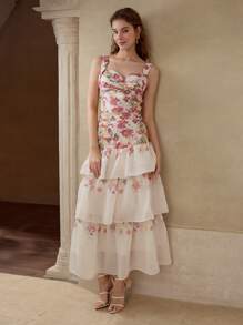 MOTF 花卉印花荷叶边层叠半身裙 - 杏色 - 查看 4