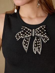MOTF STUDIO BOW DECOR FRINGE HEM KNIT TOP - Black - View 2