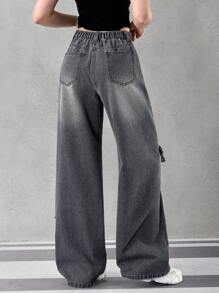 Teen Girl Fashionable Bow Decor Washed Straight Wide Leg Jeans - Dark Grey - View 2