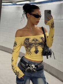 StreetHx 女士露肩长袖心形印花 T 恤，街头风格 - 黃色 - 查看 6