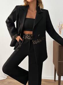 EURMUSE Bộ vest vest công sở thanh lịch dành cho nữ Clasi và quần ống loe, màu đen trơn có họa tiết da báo ở eo và gấu tay, quần âu họa tiết da báo ở thắt lưng - màu đen - Xem 3