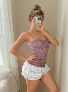 Sweetina Ruffle Tiered Drawstring Waist Hot Pants For Women - Pink - View 5