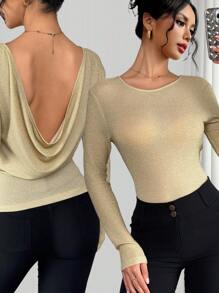 Chiquease Fashionable Sexy Backless Glitter Long Sleeve Fitted T-Shirt Fall Cloth For Women - Apricot - View 1