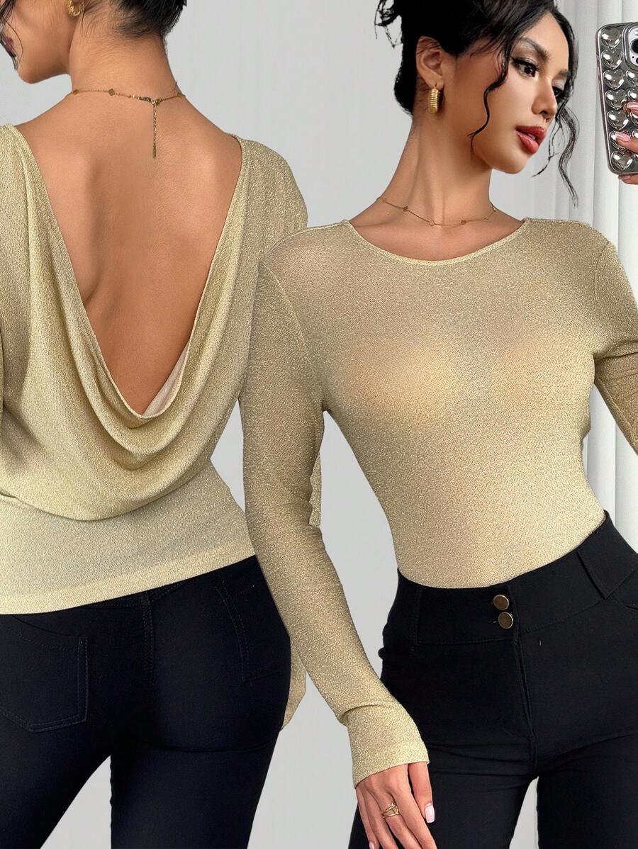 Chiquease Fashionable Sexy Backless Glitter Long Sleeve Fitted T-Shirt Fall Cloth For Women - Apricot - View 1