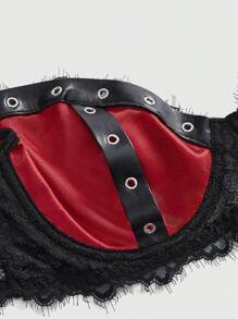 ROMWE Goth 哥特朋克缎纹面料孔眼钢圈胸罩和丁字裤内衣套装 - 彩色 - 查看 5