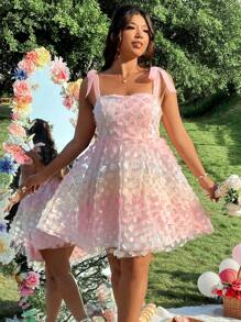 Celure Vestido de mujer de talla grande elegante con textura trenzada, floral de malla de organza, de doble capa y con lazo