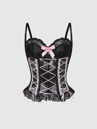 Kawaii Top de tirantes con lazo, estilo punk, cruzados y con encaje para mujeres