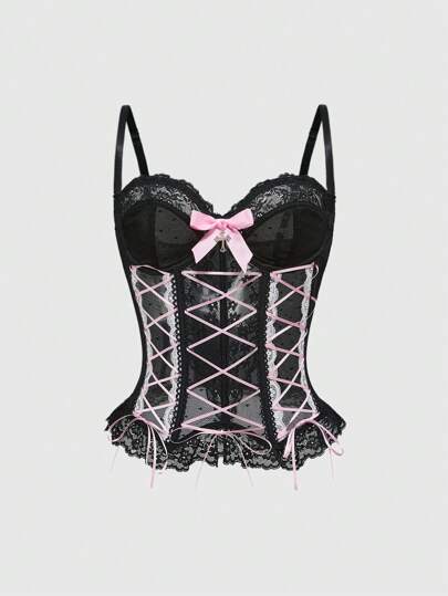 Kawaii Top de tirantes con lazo, estilo punk, cruzados y con encaje para mujeres