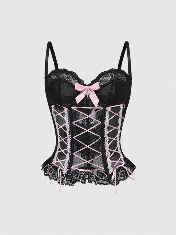 ROMWE Kawaii PUNK Style Bowknot Strap Cross Lace Tank Top For Women