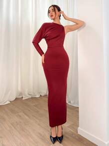 Aloruh Vestido rojo largo, recto y ajustado con mangas extra largas, asimétrico y con espalda descubierta, para mujer en primavera y verano, de estilo de vanguardia y sexy para vacaciones