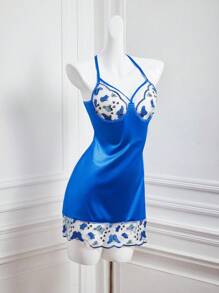 2pcs Set Front Hollow Embroidered Jacquard Dress With Underwire - Blue - View 3