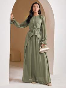 Veilorie Women's Solid Color Round Neck Long Sleeve Ruffle Hem Arabian Dress - Green - View 1