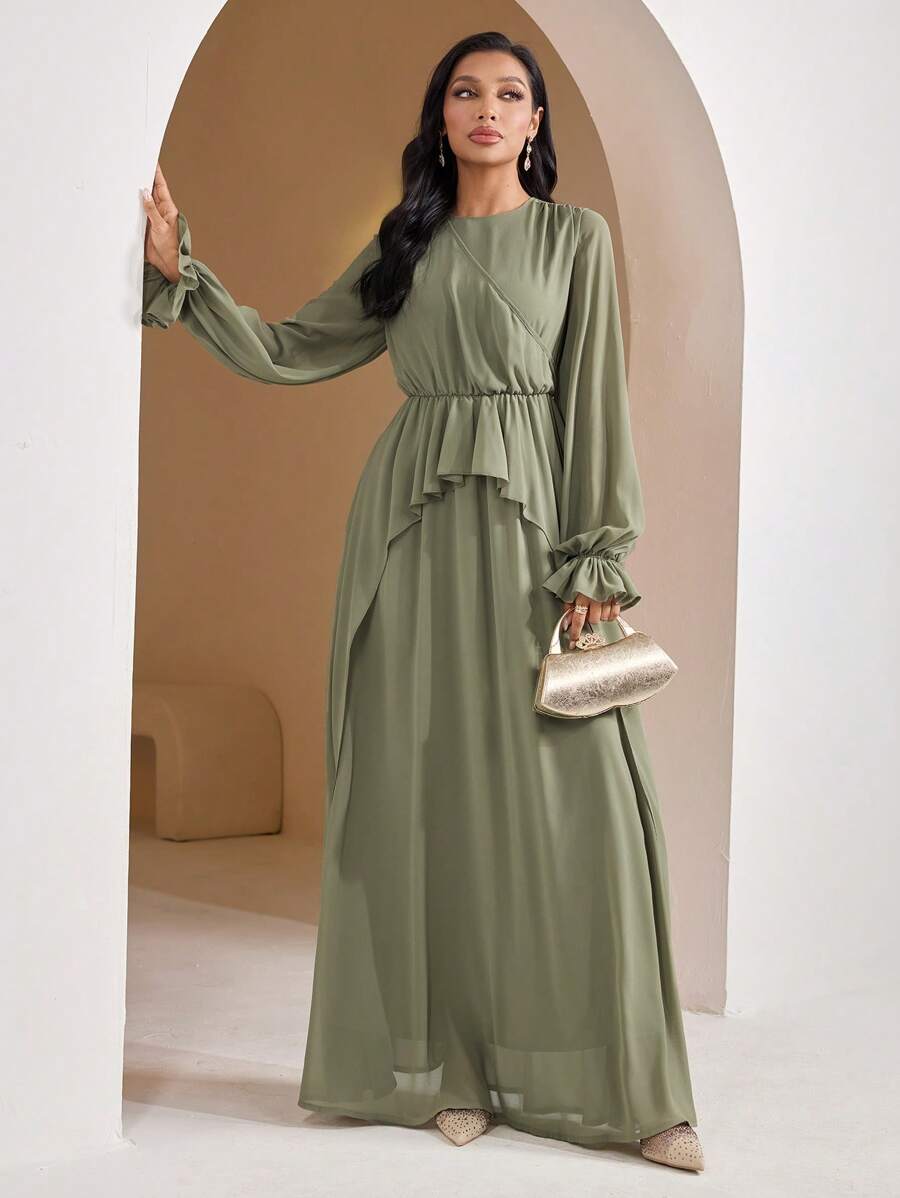 Veilorie Women's Solid Color Round Neck Long Sleeve Ruffle Hem Arabian Dress - Green - View 1