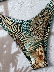 Elavelle 1 pieza Conjunto de bikini bandeau con estampado de animal y patchwork para mujeres, para playa en verano - Multicolor - Ver 5