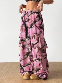 SHEIN EZwear 女士春夏节日约会夜街头装垃圾游戏日新年前夜粉红树枝图案森林迷彩工装裤，狂欢节服装 - 粉色 - 查看 6