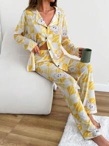 RueChic Cotton Women 2 Pcs Contrast Colour Button Front Detail Cute Bear&Plaid Pattern Homewear PJ Set - Yellow - View 1