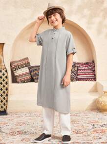 SHEIN 2pcs Tween Boy Set: Loose Casual Stand Collar Short Sleeve Long Shirt & Long Pants - Apricot - View 5