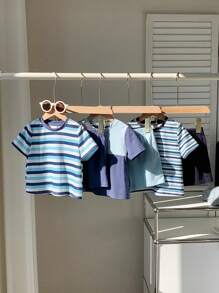 SHEIN Leap Crew 6pcs/Set Baby Boy & Girl Summer Casual Versatile Knit Patchwork Short Sleeve T-Shirt & Shorts Sets, Suitable For Spring/Summer Indoor & Outdoor Wear - Blue - View 6