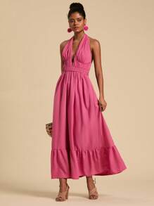 Travachic Vestido largo sin mangas para mujer, de unicolor, cuello halter, casual y de moda, para uso diario