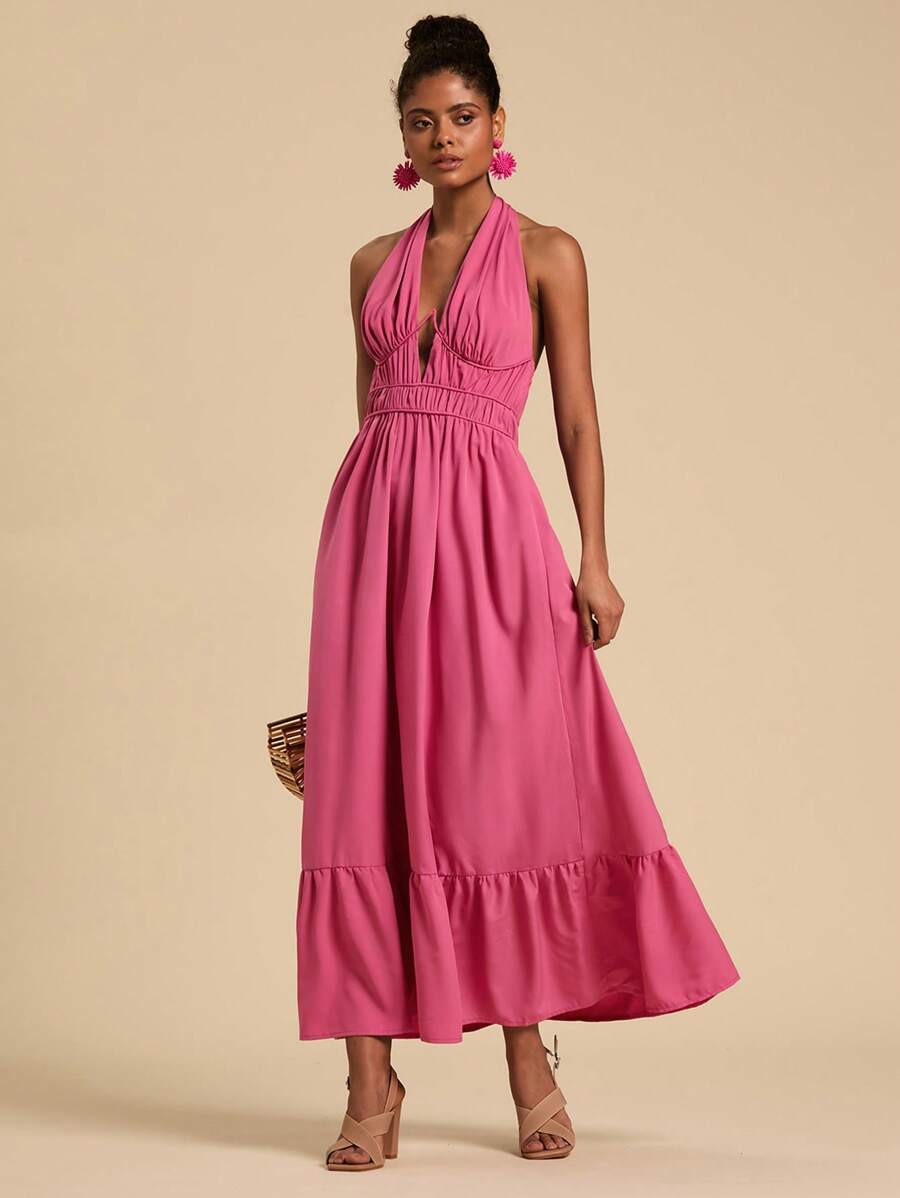 Travachic Vestido largo sin mangas para mujer, de unicolor, cuello halter, casual y de moda, para uso diario