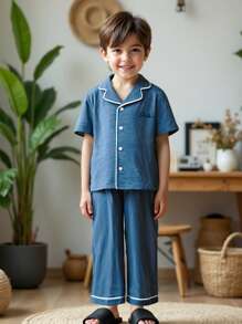 2pcs/Set Kids Boys Casual Simplistic Letter Embroidery Polo Collar Short Sleeve Top And Loose Pants Sleepwear Set - Blue - View 1