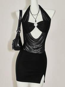 SHEIN ICON Women's Y2k Concert Women Outfit Festival Rave Outfit Simple Fitted Draped Neck Drop Shoulder Mock 2 Pieces Mini Black Date Night Dress - Black - View 3