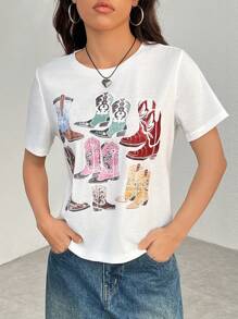 SHEIN PETITE 复古靴子西部靴休闲圆领短袖女士T恤适合夏季 - 白色 - 查看 8