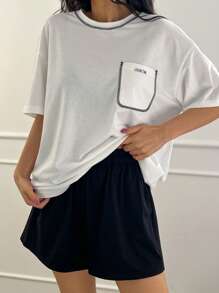 DAZY 2pcs Women Colorblock Loose Short Sleeve Home Wear Set Pajama - White - View 3