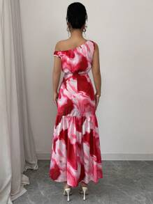 Elenzga 扎染印花不对称领口荷叶边开衩连衣裙，夏日海滩度假